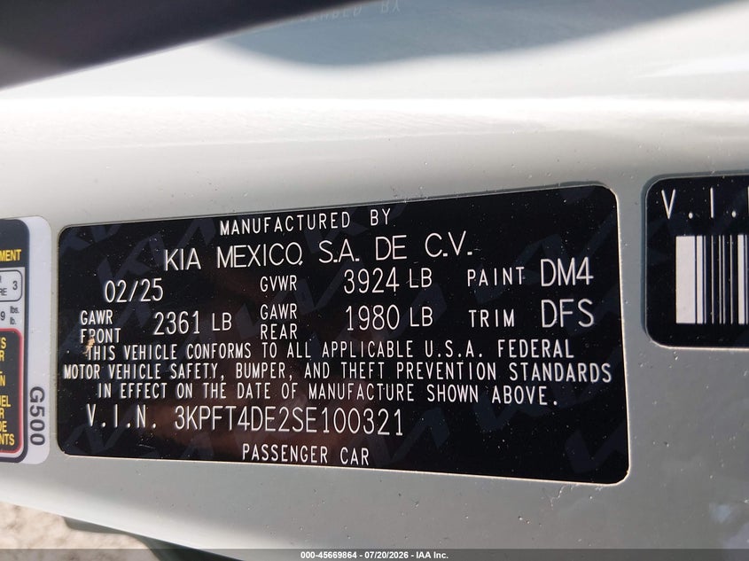 2025 Kia K4 Lxs VIN: 3KPFT4DE2SE100321 Lot: 45669864