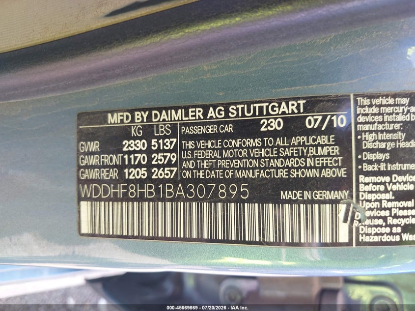 2011 Mercedes-Benz E 350 4Matic VIN: WDDHF8HB1BA307895 Lot: 45669869