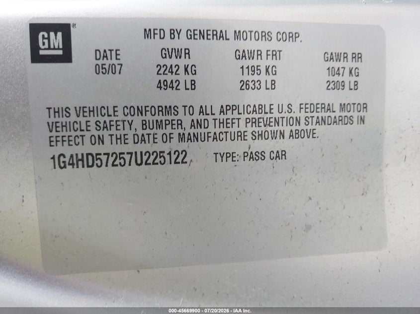2007 Buick Lucerne Cxl VIN: 1G4HD57257U225122 Lot: 45669900