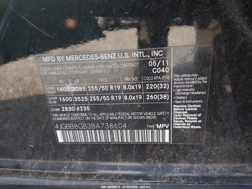 2011 Mercedes-Benz Ml 350 4Matic VIN: 4JGBB8GB3BA738604 Lot: 45669918