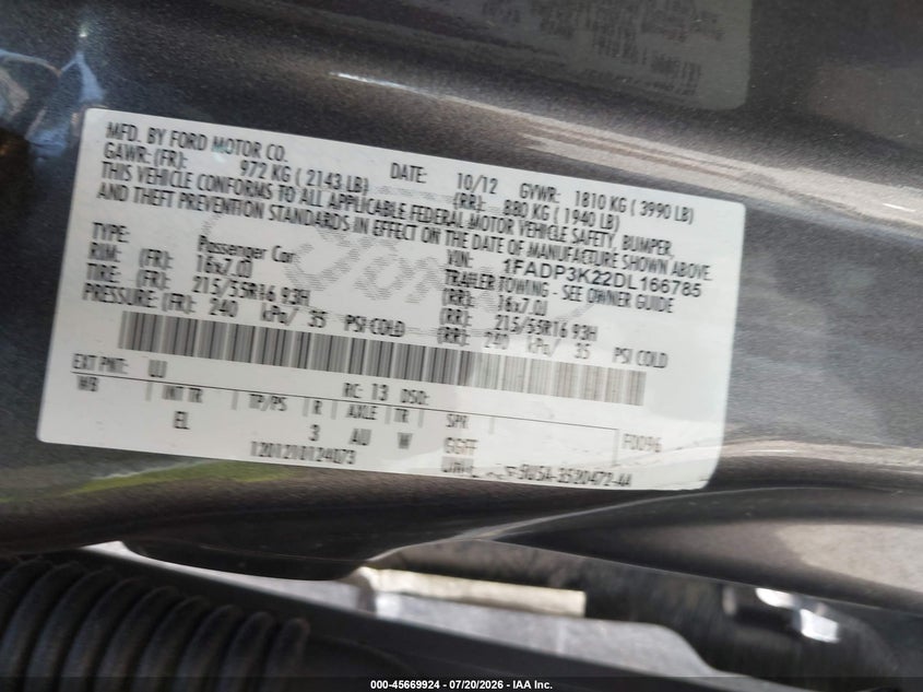 2013 Ford Focus Se VIN: 1FADP3K22DL166785 Lot: 45669924