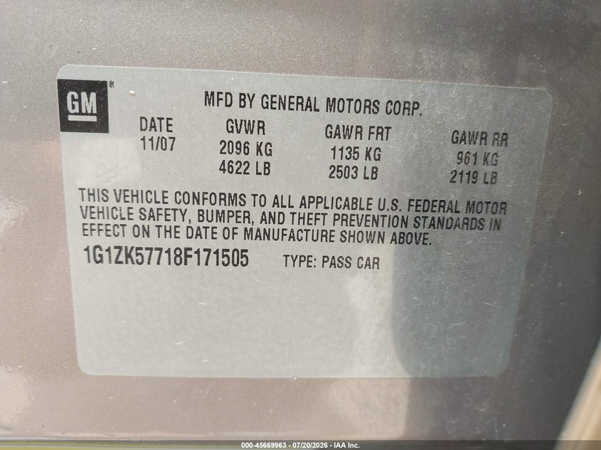 2008 Chevrolet Malibu Ltz VIN: 1G1ZK57718F171505 Lot: 45669963