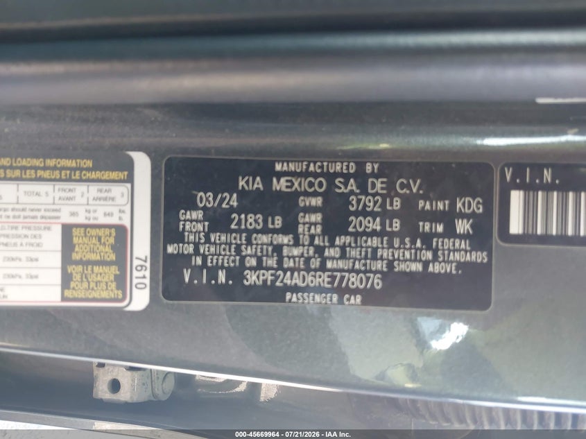 2024 Kia Forte Lxs VIN: 3KPF24AD6RE778076 Lot: 45669964