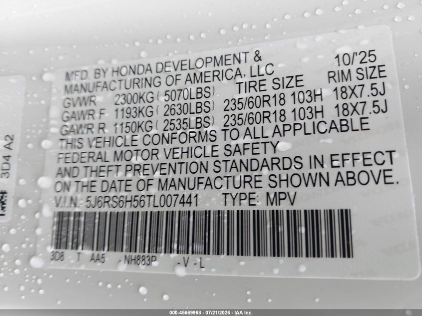 2026 Honda Cr-V Hybrid Awd Sport VIN: 5J6RS6H56TL007441 Lot: 45669968