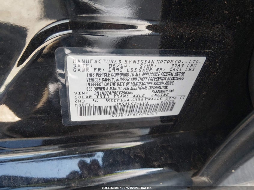 2014 Nissan Sentra Fe+ S VIN: 3N1AB7AP8EY296369 Lot: 45669967