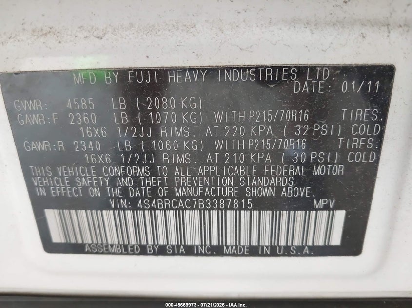 2011 Subaru Outback 2.5I VIN: 4S4BRCAC7B3387815 Lot: 45669973