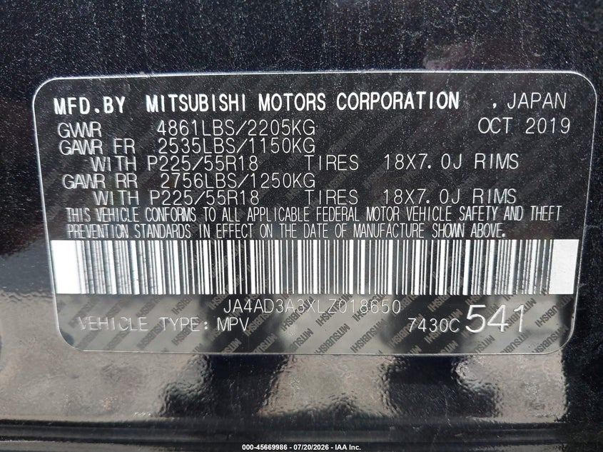 2020 Mitsubishi Outlander Sel 2.4 VIN: JA4AD3A3XLZ018650 Lot: 45669986