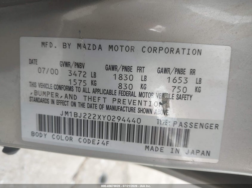 2000 Mazda Protege Dx/Lx VIN: JM1BJ222XY0294440 Lot: 45670028