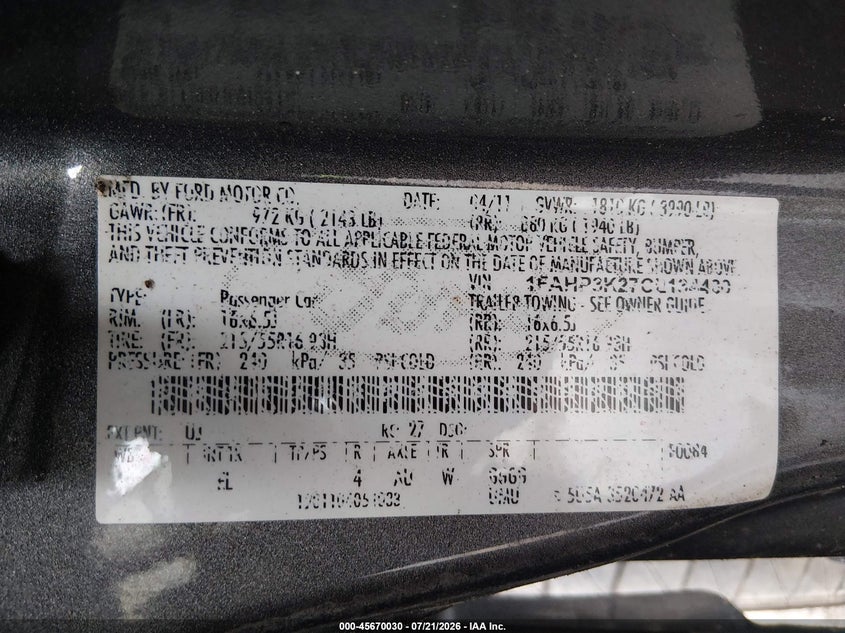 2012 Ford Focus Se VIN: 1FAHP3K27CL134480 Lot: 45670030