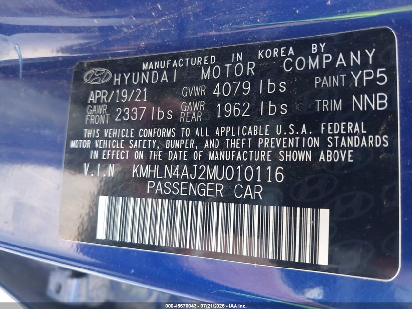 2021 Hyundai Elantra Hybrid Limited VIN: KMHLN4AJ2MU010116 Lot: 45670043