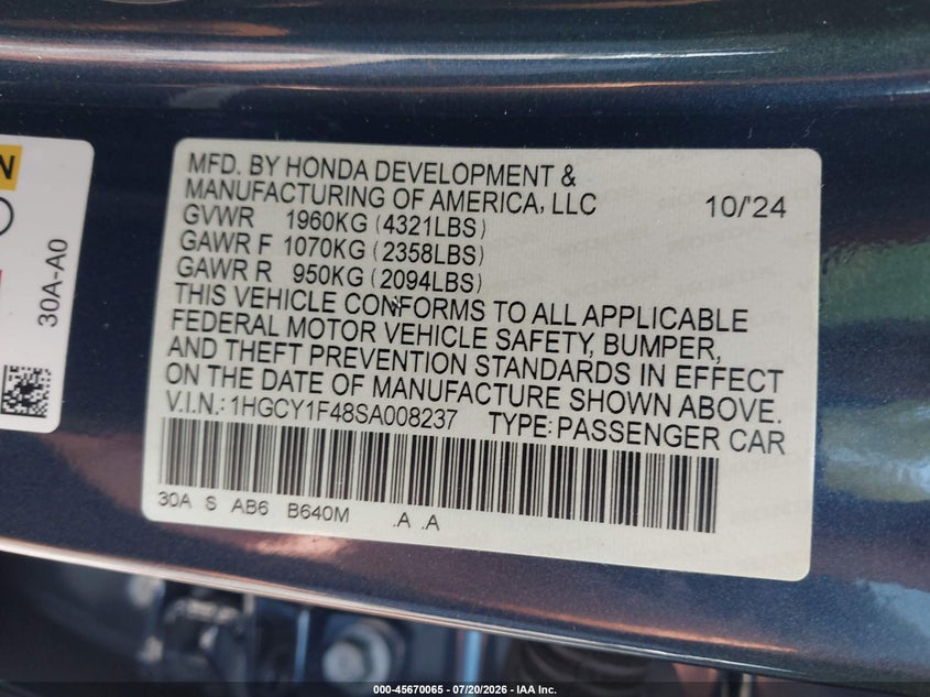 2025 Honda Accord Se VIN: 1HGCY1F48SA008237 Lot: 45670065