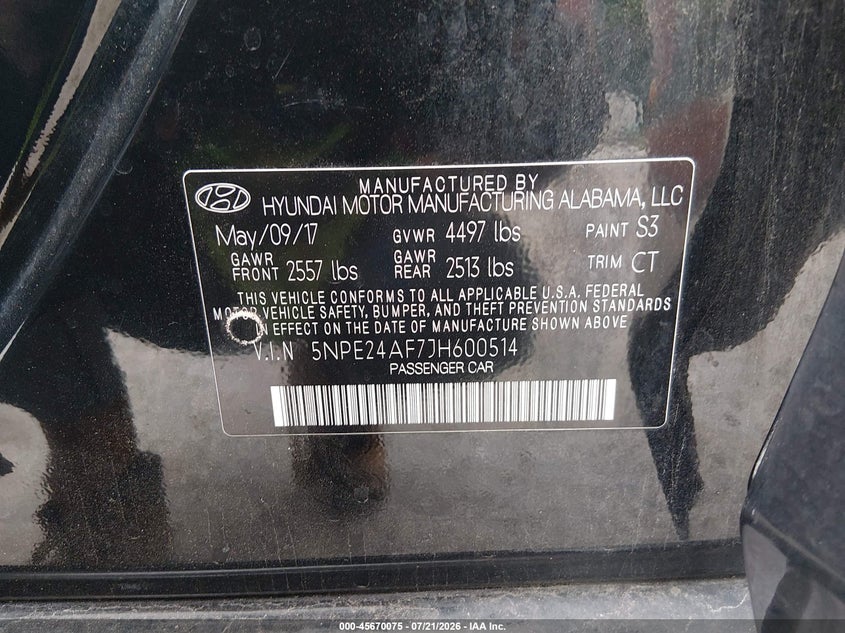 2018 Hyundai Sonata Se VIN: 5NPE24AF7JH600514 Lot: 45670075