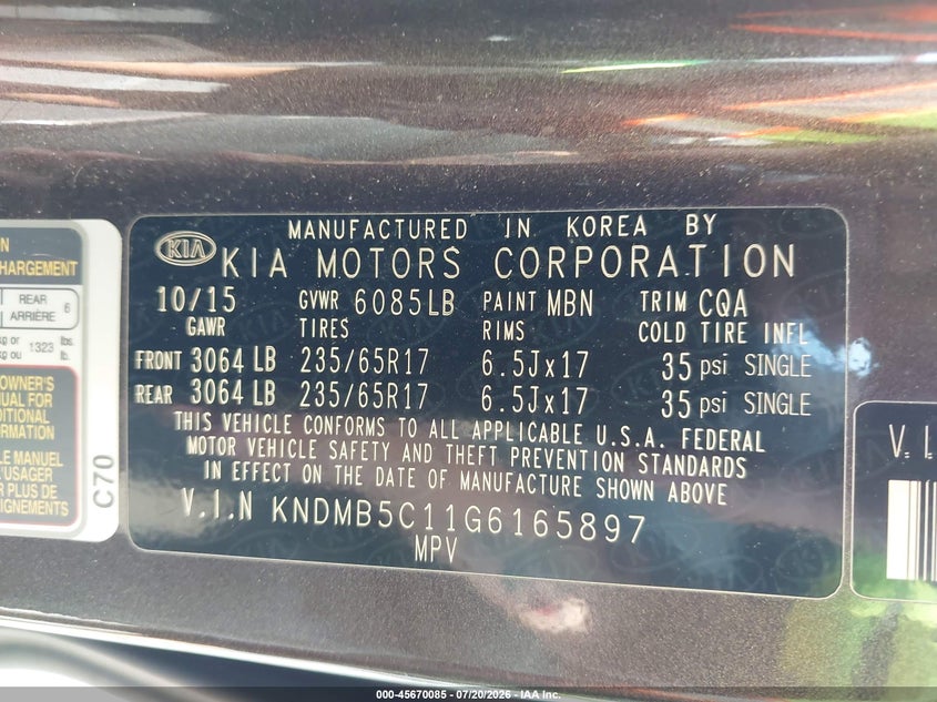 2016 Kia Sedona Lx VIN: KNDMB5C11G6165897 Lot: 45670085