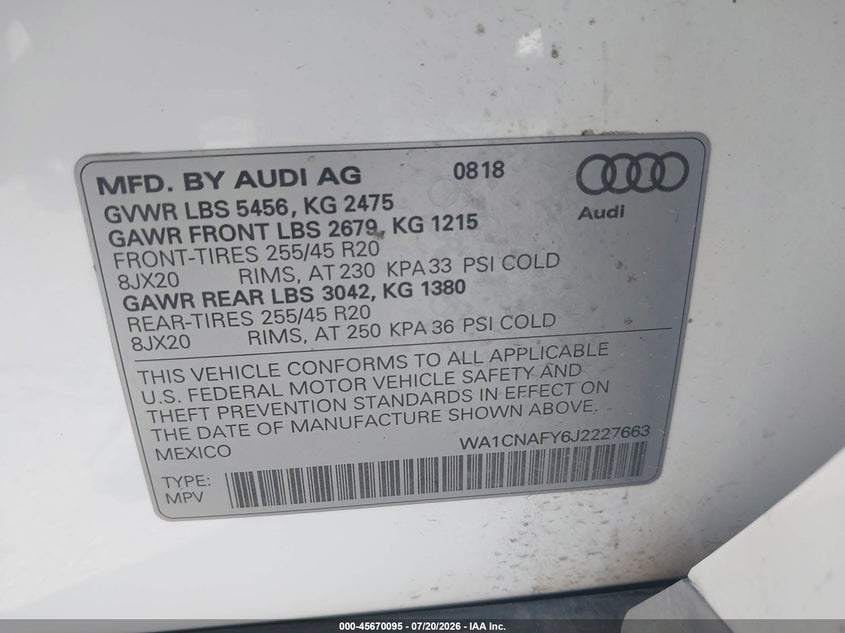 2018 Audi Q5 2.0T Premium/2.0T Tech Premium VIN: WA1CNAFY6J2227663 Lot: 45670095
