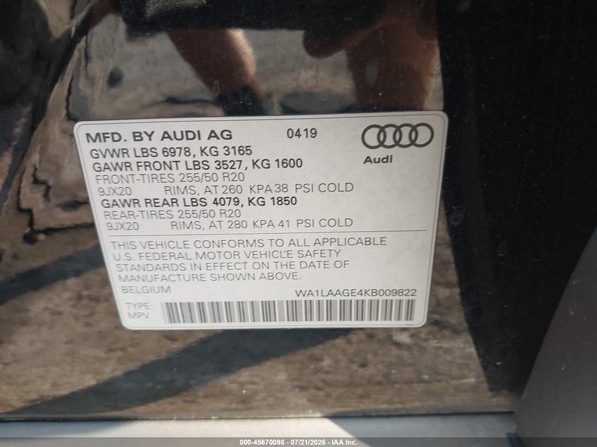 2019 Audi E-Tron Premium Plus VIN: WA1LAAGE4KB009822 Lot: 45670098