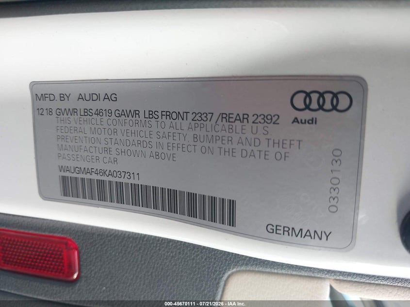 2019 Audi A4 40 Premium VIN: WAUGMAF46KA037311 Lot: 45670111