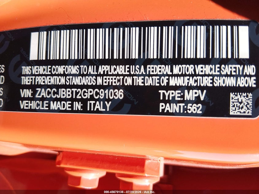 2016 Jeep Renegade 75Th Anniversary VIN: ZACCJBBT2GPC91036 Lot: 45670138