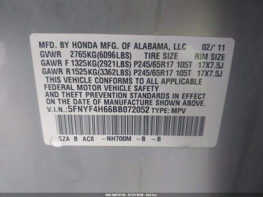 2011 Honda Pilot Ex-L VIN: 5FNYF4H66BB072052 Lot: 45670139