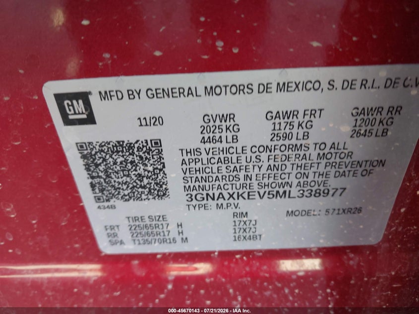 2021 Chevrolet Equinox Fwd Lt VIN: 3GNAXKEV5ML338977 Lot: 45670143