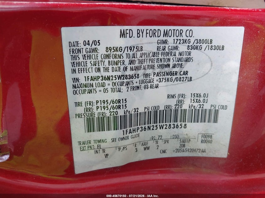 2005 Ford Focus Zxw VIN: 1FAHP36N25W283658 Lot: 45670150