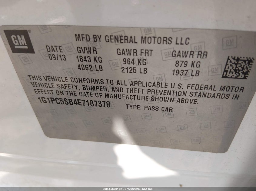 2014 Chevrolet Cruze 1Lt Auto VIN: 1G1PC5SB4E7187378 Lot: 45670172