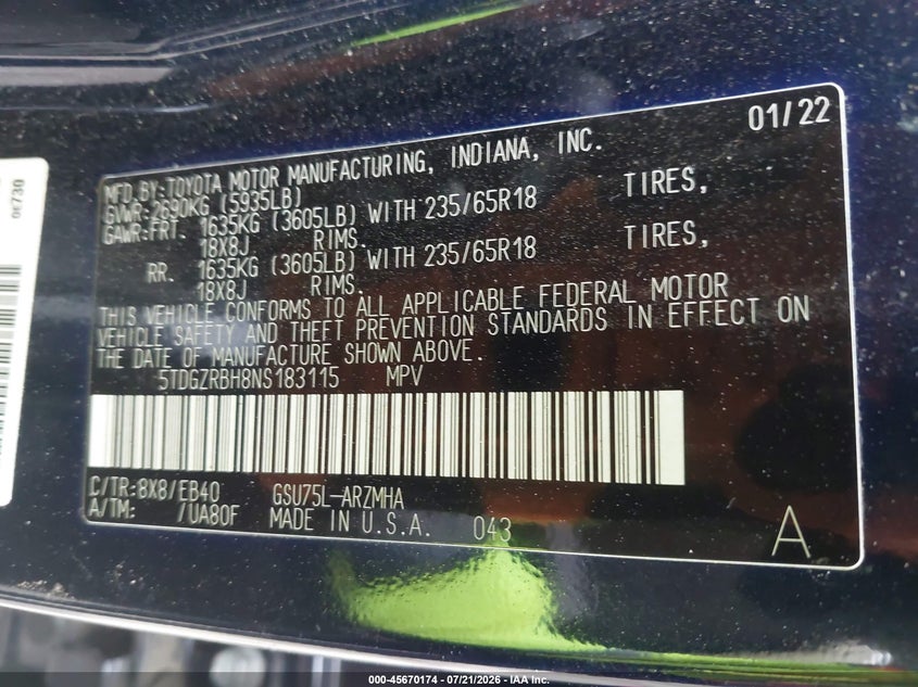 2022 Toyota Highlander Xle VIN: 5TDGZRBH8NS183115 Lot: 45670174