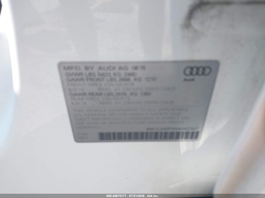 2016 Audi Q5 2.0T Premium VIN: WA1L2AFP3GA042307 Lot: 45670177