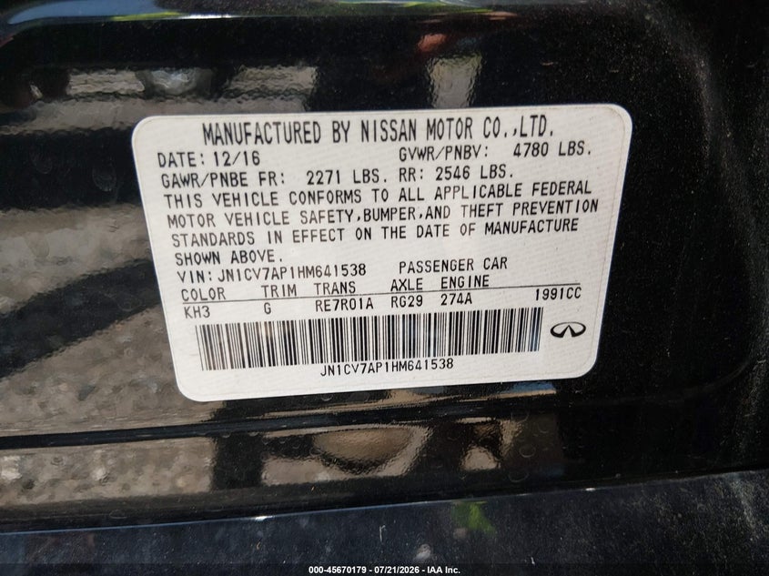 2017 Infiniti Q50 2.0T Premium VIN: JN1CV7AP1HM641538 Lot: 45670179