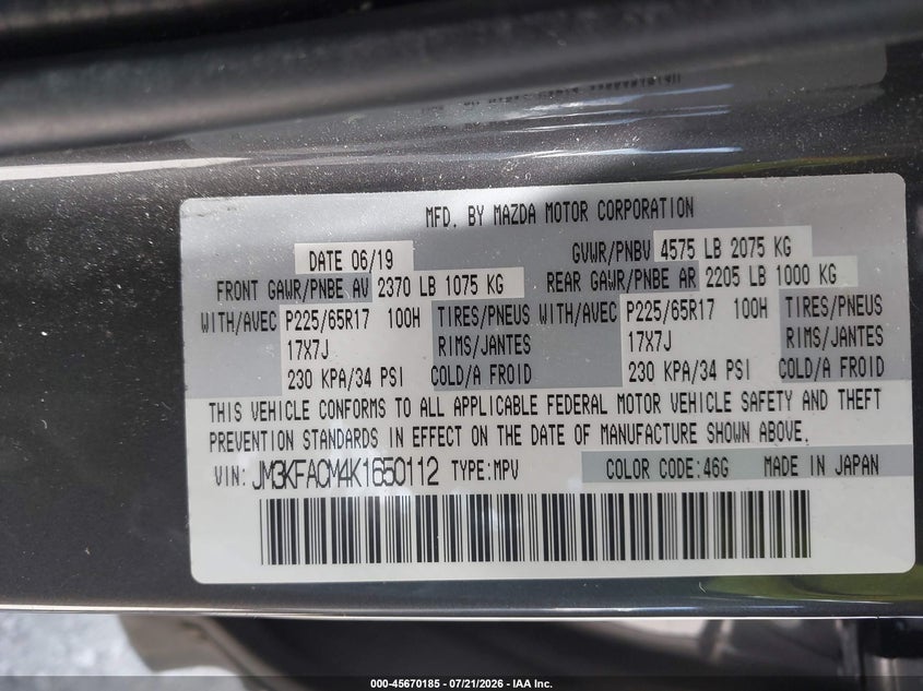 2019 Mazda Cx-5 Touring VIN: JM3KFACM4K1650112 Lot: 45670185