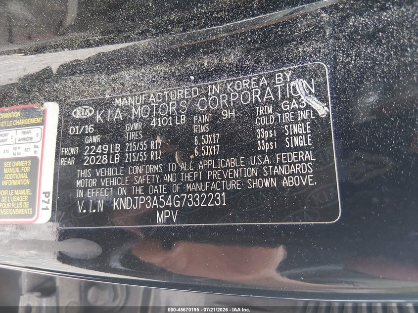 2016 Kia Soul + VIN: KNDJP3A54G7332231 Lot: 45670195