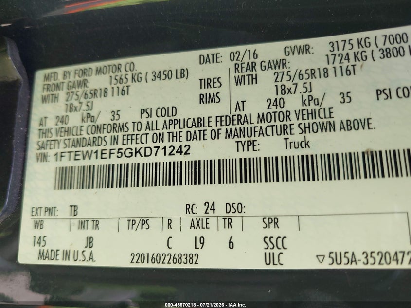 2016 FORD F-150 PICKUP 5.0L V-8 DOHC, VVT, 385HP