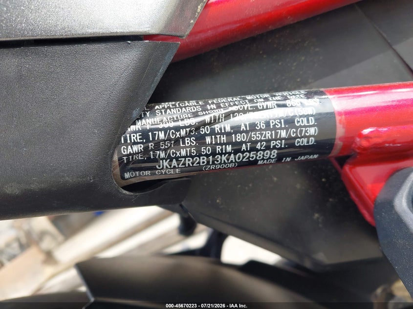 2019 Kawasaki Zr900 VIN: JKAZR2B13KA025898 Lot: 45670223