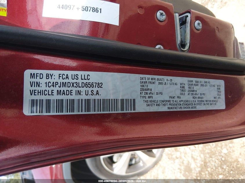 2020 Jeep Cherokee Limited 4X4 VIN: 1C4PJMDX3LD656782 Lot: 45670224