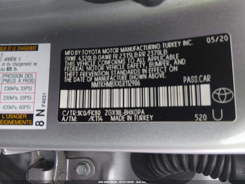 2020 Toyota C-Hr Xle VIN: NMTKHMBXXLR112906 Lot: 45670239