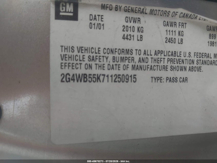 2001 Buick Regal Ls VIN: 2G4WB55K711250915 Lot: 45670273