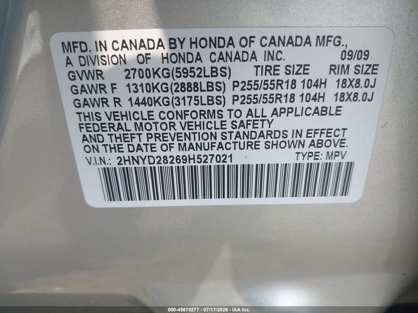 2009 Acura Mdx VIN: 2HNYD28269H527021 Lot: 45670277