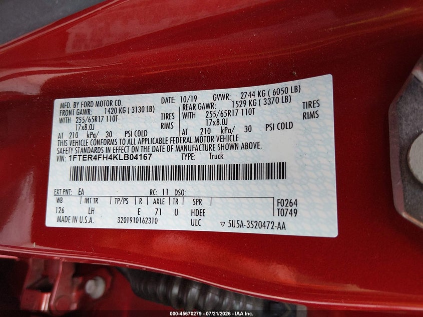 2019 Ford Ranger Xlt VIN: 1FTER4FH4KLB04167 Lot: 45670279