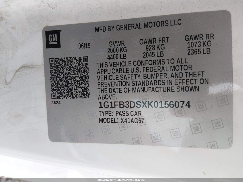 2019 Chevrolet Camaro 1Lt VIN: 1G1FB3DSXK0156074 Lot: 45670281