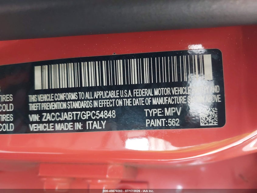 2016 Jeep Renegade Latitude VIN: ZACCJABT7GPC54848 Lot: 45670283