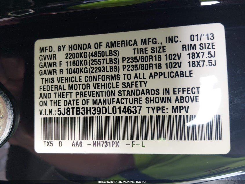 2013 Acura Rdx VIN: 5J8TB3H39DL014637 Lot: 45670287