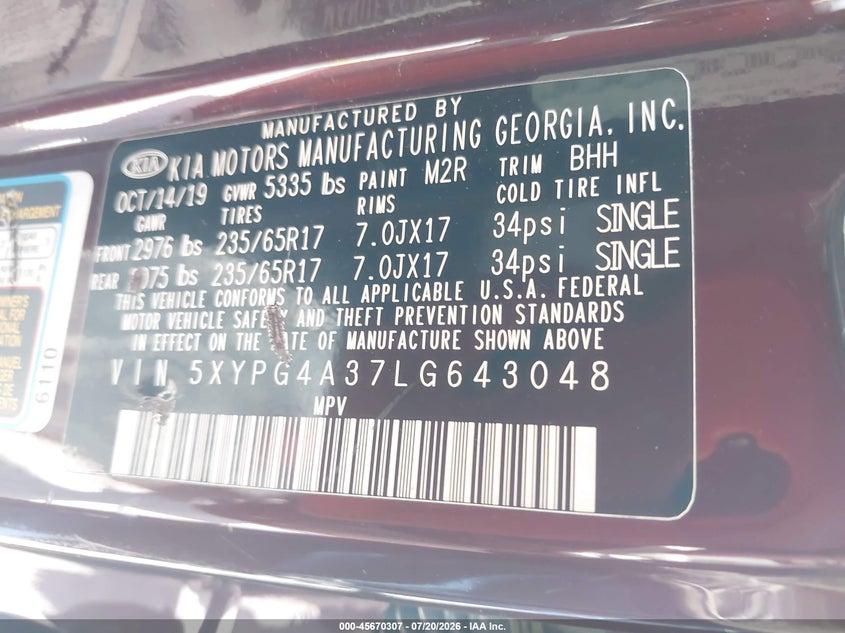 2020 Kia Sorento 2.4L Lx VIN: 5XYPG4A37LG643048 Lot: 45670307
