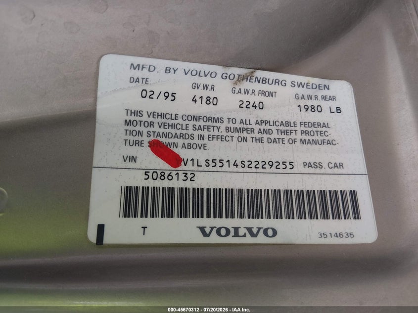 1995 Volvo 850 Glt VIN: YV1LS5514S2229255 Lot: 45670312