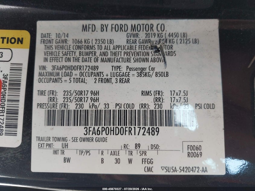 2015 Ford Fusion Se VIN: 3FA6P0HD0FR172489 Lot: 45670327
