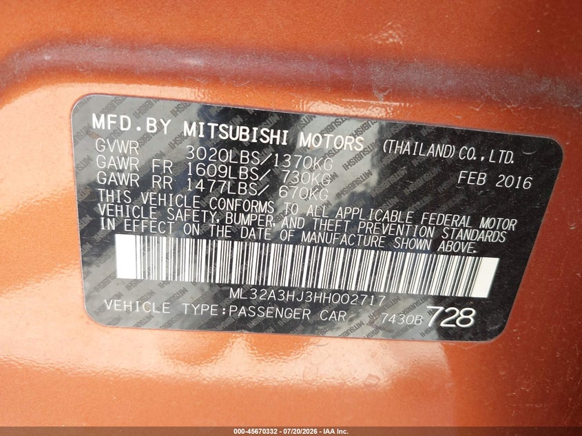 2017 Mitsubishi Mirage Es VIN: ML32A3HJ3HH002717 Lot: 45670332