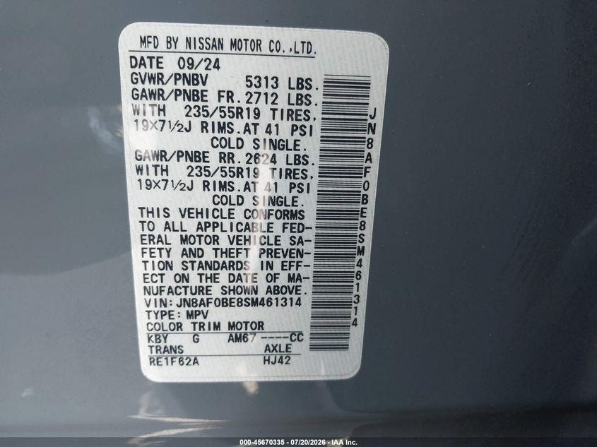 2025 Nissan Ariya Engage VIN: JN8AF0BE8SM461314 Lot: 45670335