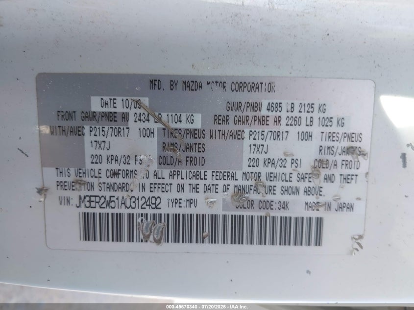 2010 Mazda Cx-7 I Sv VIN: JM3ER2W51A0312492 Lot: 45670340