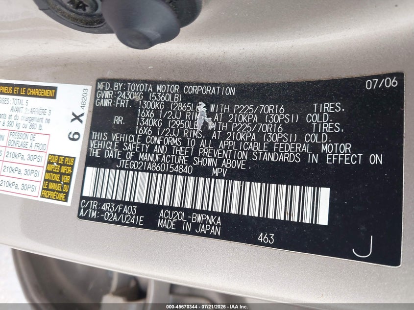 2006 Toyota Highlander VIN: JTEGD21A860154840 Lot: 45670344
