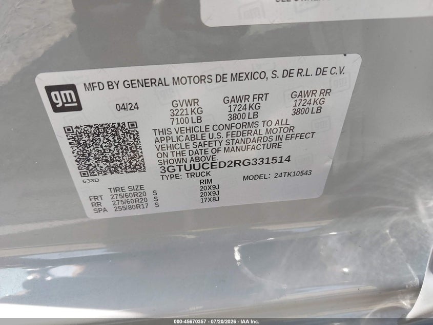 2024 GMC Sierra 1500 4Wd Short Box Elevation With 3Sb VIN: 3GTUUCED2RG331514 Lot: 45670357