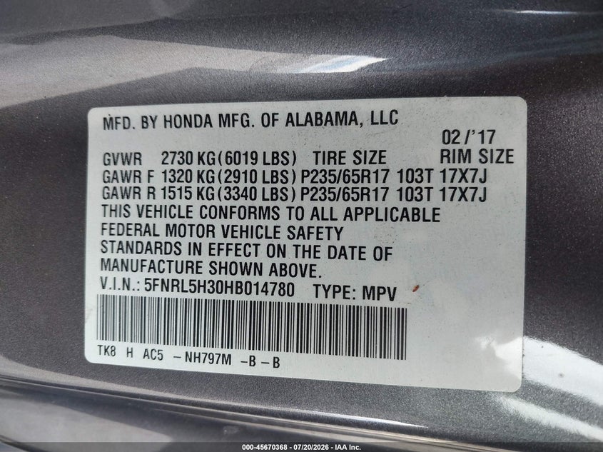 2017 Honda Odyssey Se VIN: 5FNRL5H30HB014780 Lot: 45670368