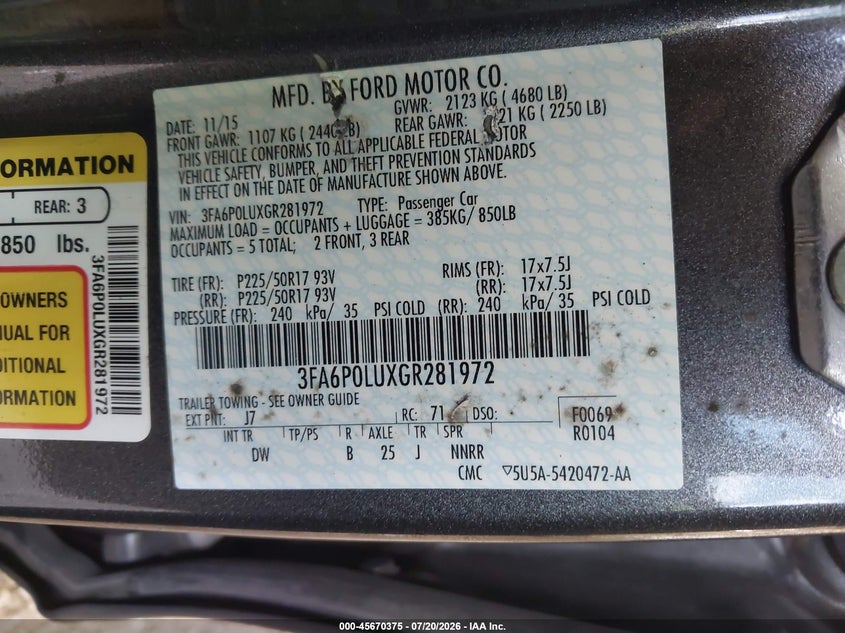2016 Ford Fusion Hybrid Se VIN: 3FA6P0LUXGR281972 Lot: 45670375